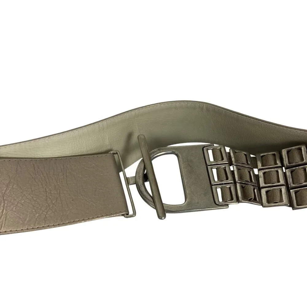 Suzi Roher Gold Leather Silver Metal Square Link Wide Belt Large Stretch